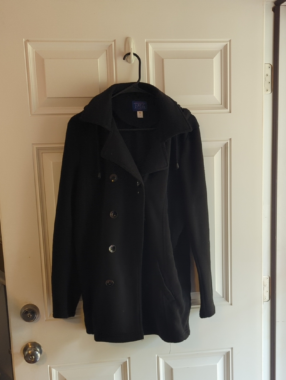Simply Styled Black Double-Breasted Hooded Peacoat